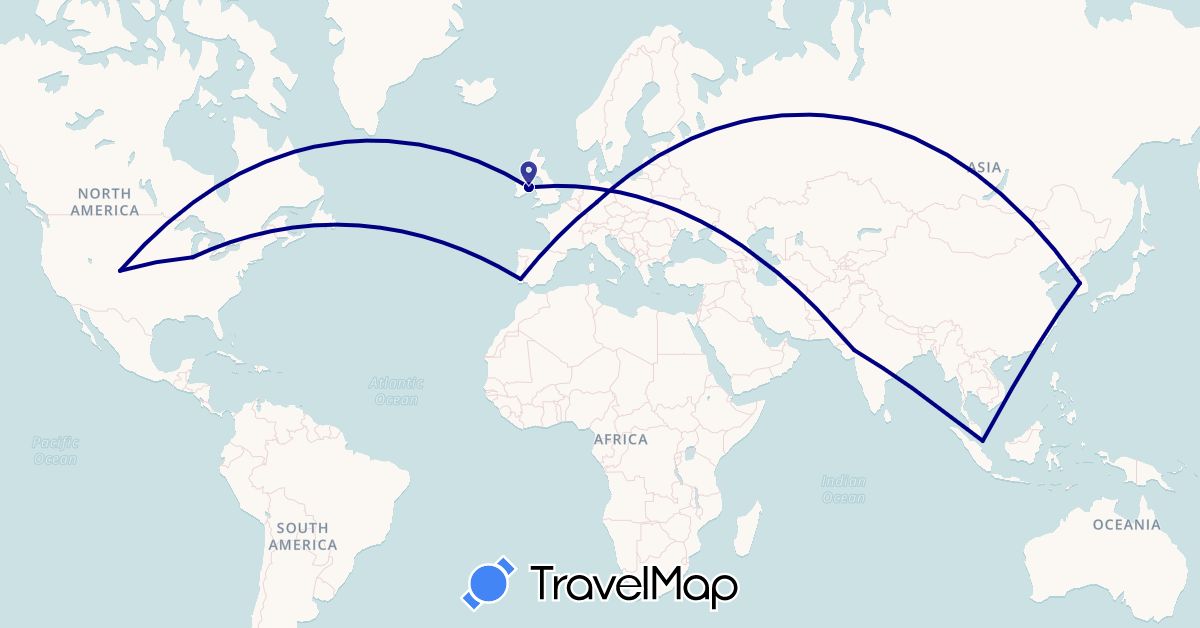 TravelMap itinerary: driving in Germany, Ireland, India, South Korea, Malaysia, Portugal, United States (Asia, Europe, North America)